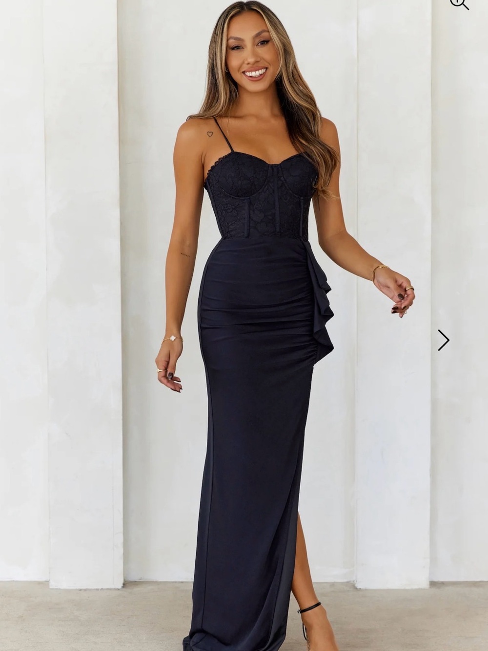 Hello Molly Black Lace Bustier Ruffle Maxi Dress